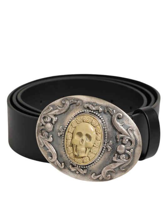 Dolce & Gabbana Black Leather Ornate Metal Buckle Men Belt by Dolce & Gabbana