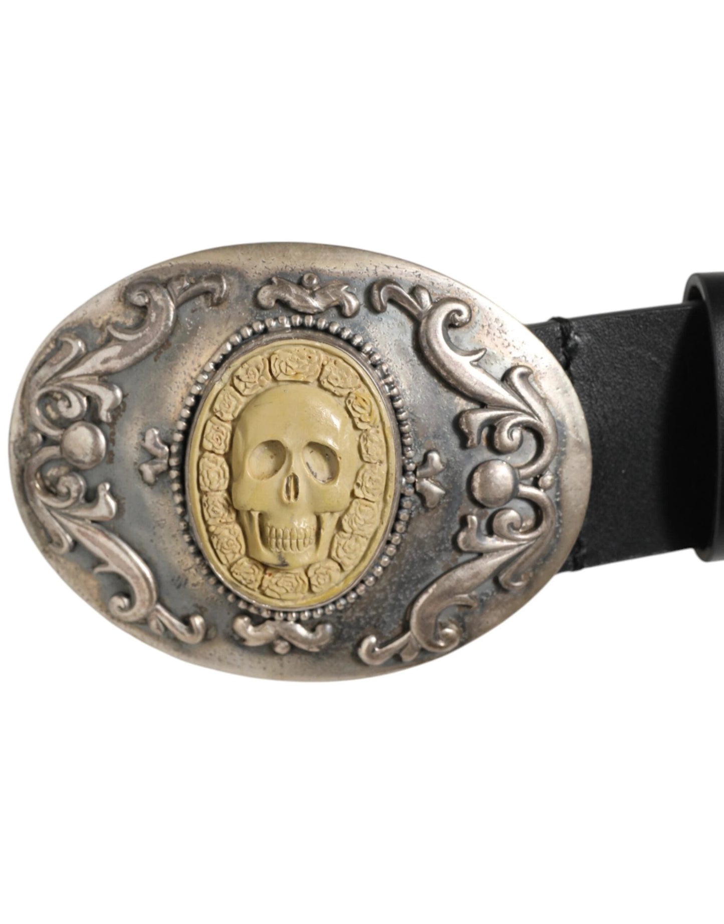 Dolce & Gabbana Black Leather Ornate Metal Buckle Men Belt by Dolce & Gabbana