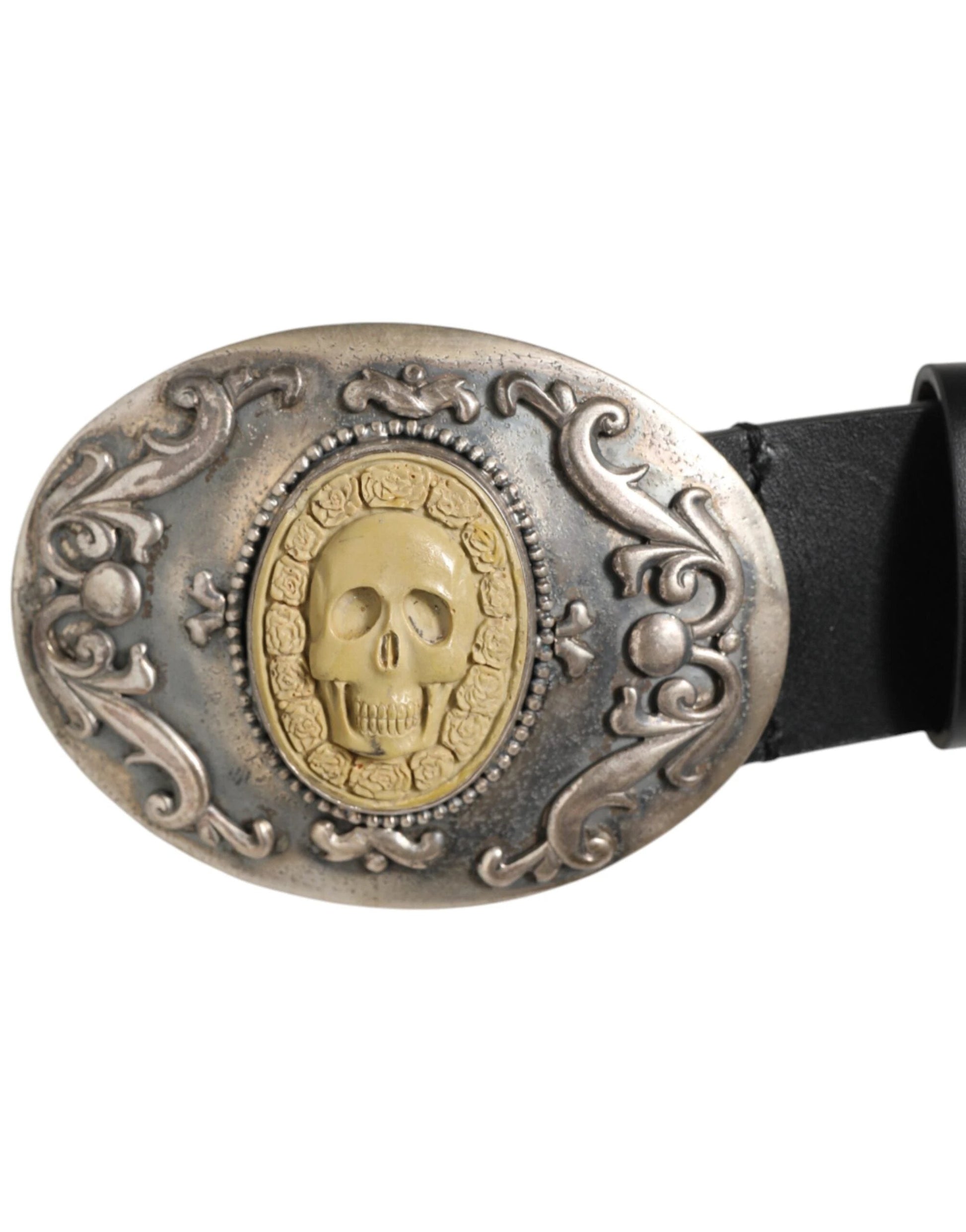 Dolce & Gabbana Black Leather Ornate Metal Buckle Men Belt by Dolce & Gabbana