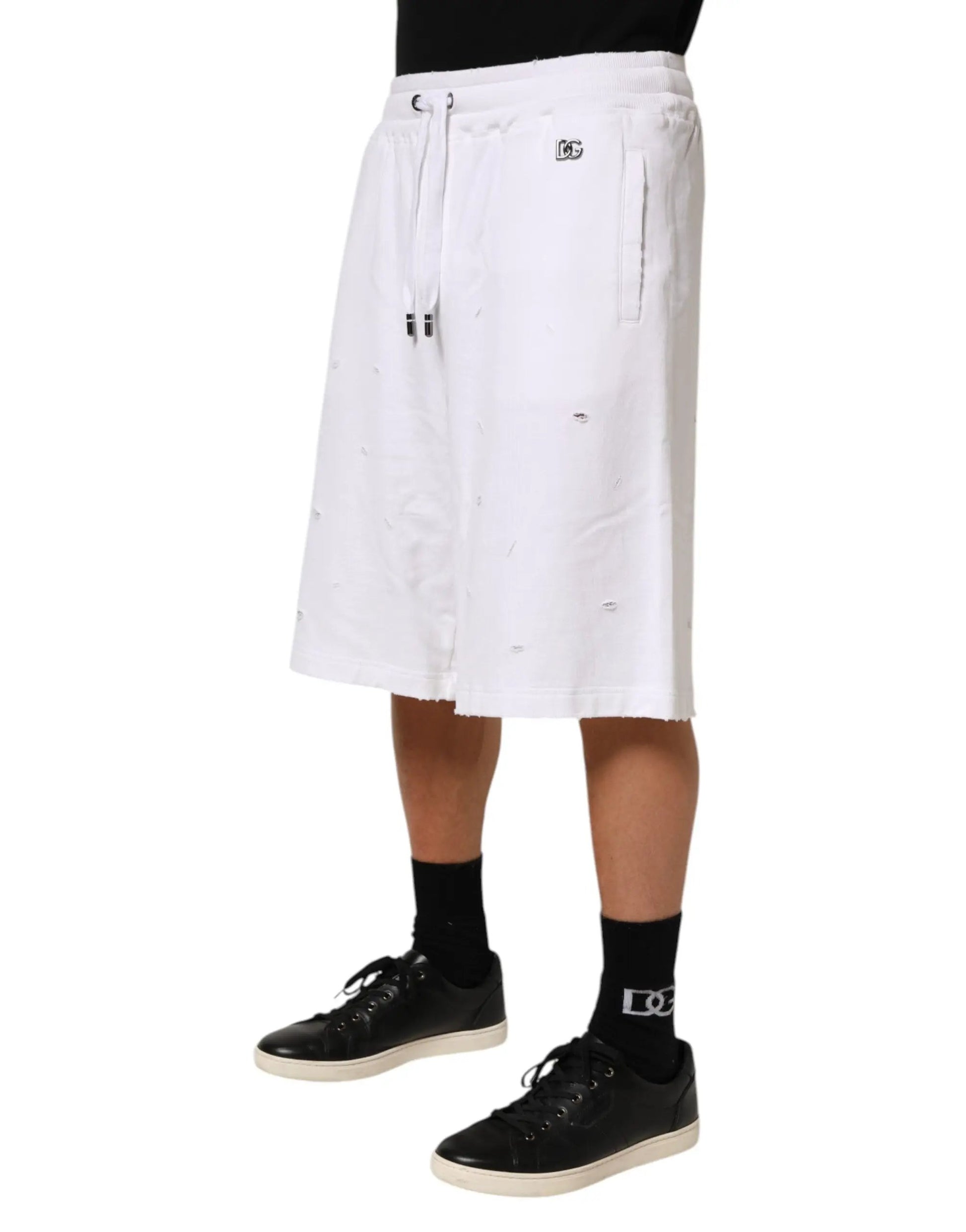 Dolce & Gabbana White Cotton Ripped Bermuda Sweatpants Shorts by Dolce & Gabbana
