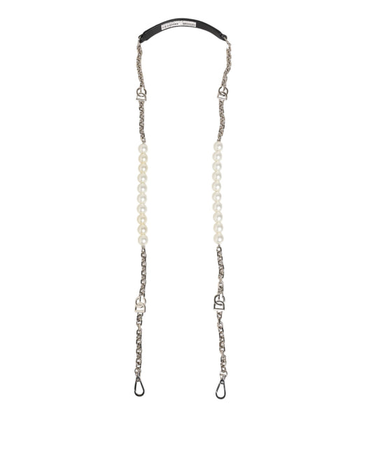 Dolce Et Gabbana Sangle Epaule En Cuir Noir Avec Chaîne Argentée Et Perles Oversize Avec Logo DG