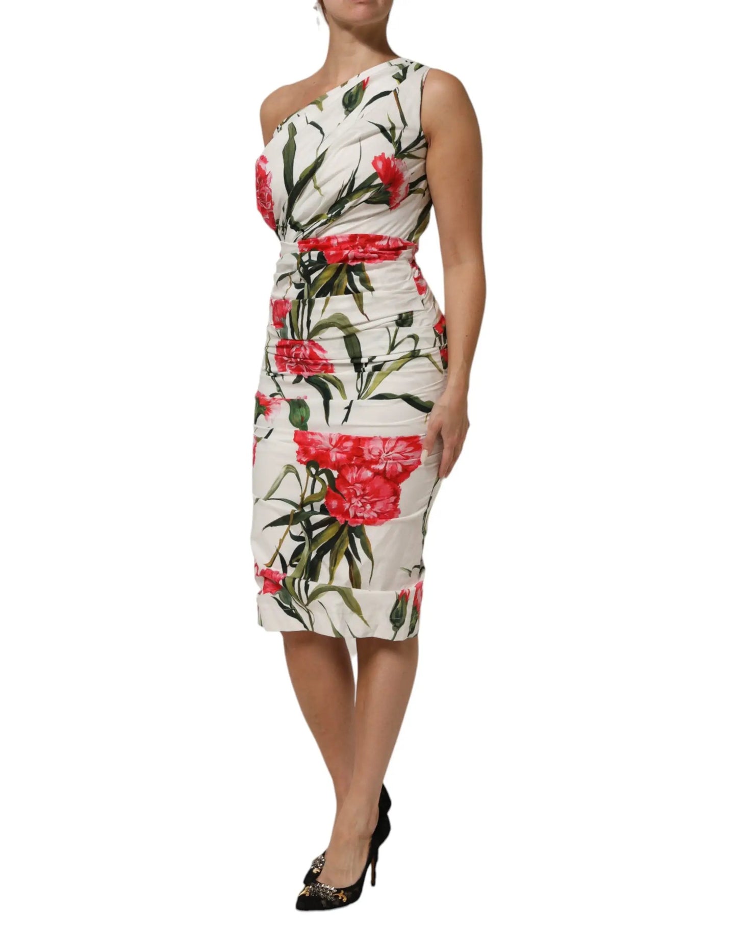 Dolce & Gabbana White Floral One Shoulder Sheath Dress by Dolce & Gabbana