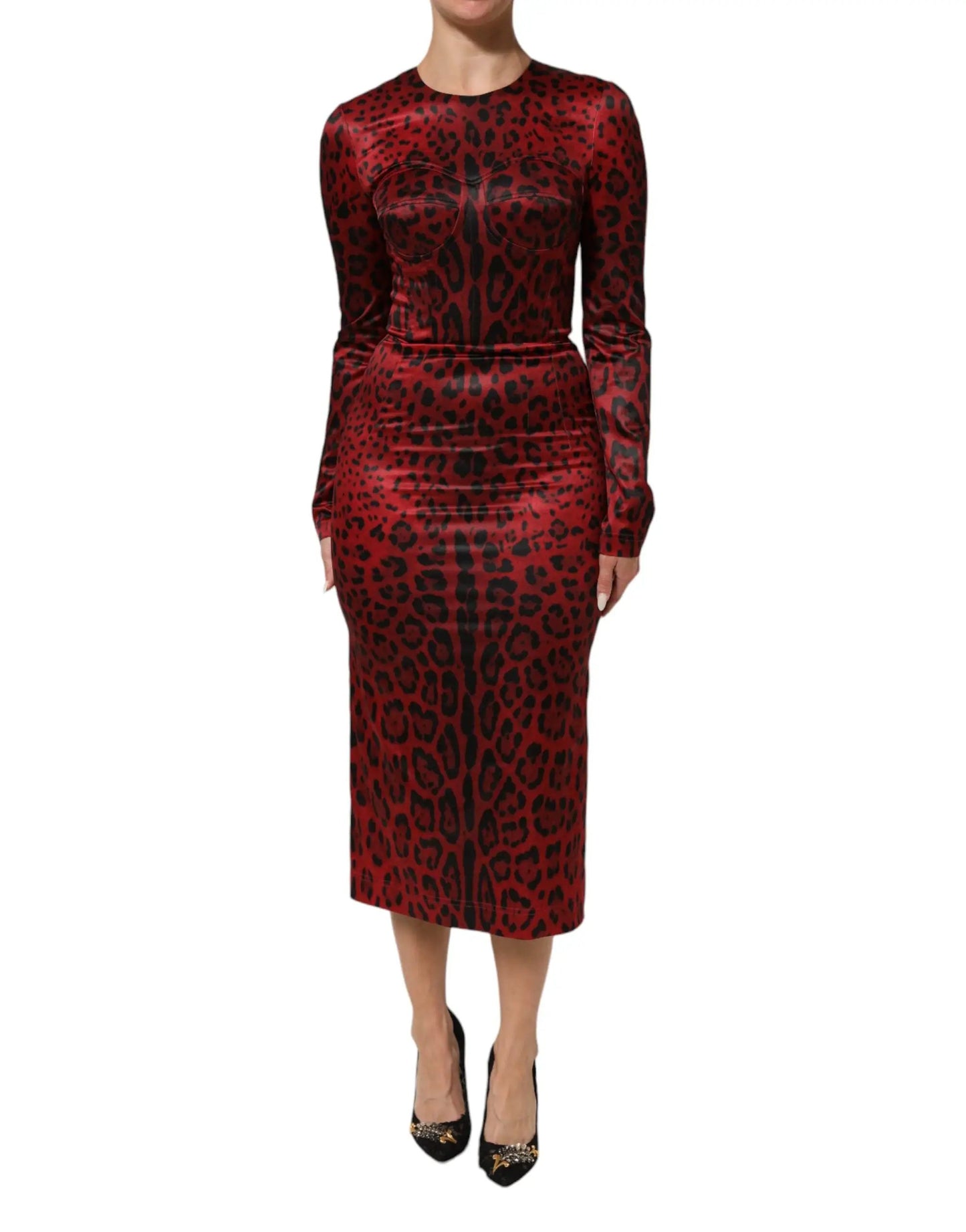 Dolce & Gabbana Red Leopard Sheath Long Sleeves Dress by Dolce & Gabbana