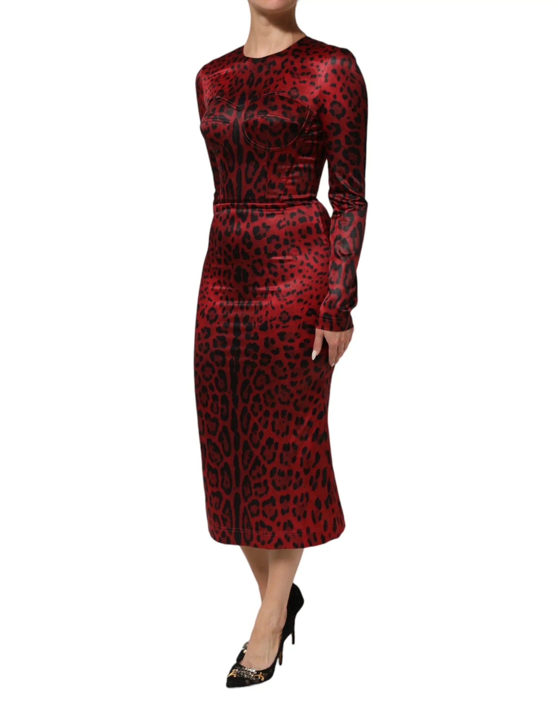Dolce & Gabbana Red Leopard Sheath Long Sleeves Dress by Dolce & Gabbana