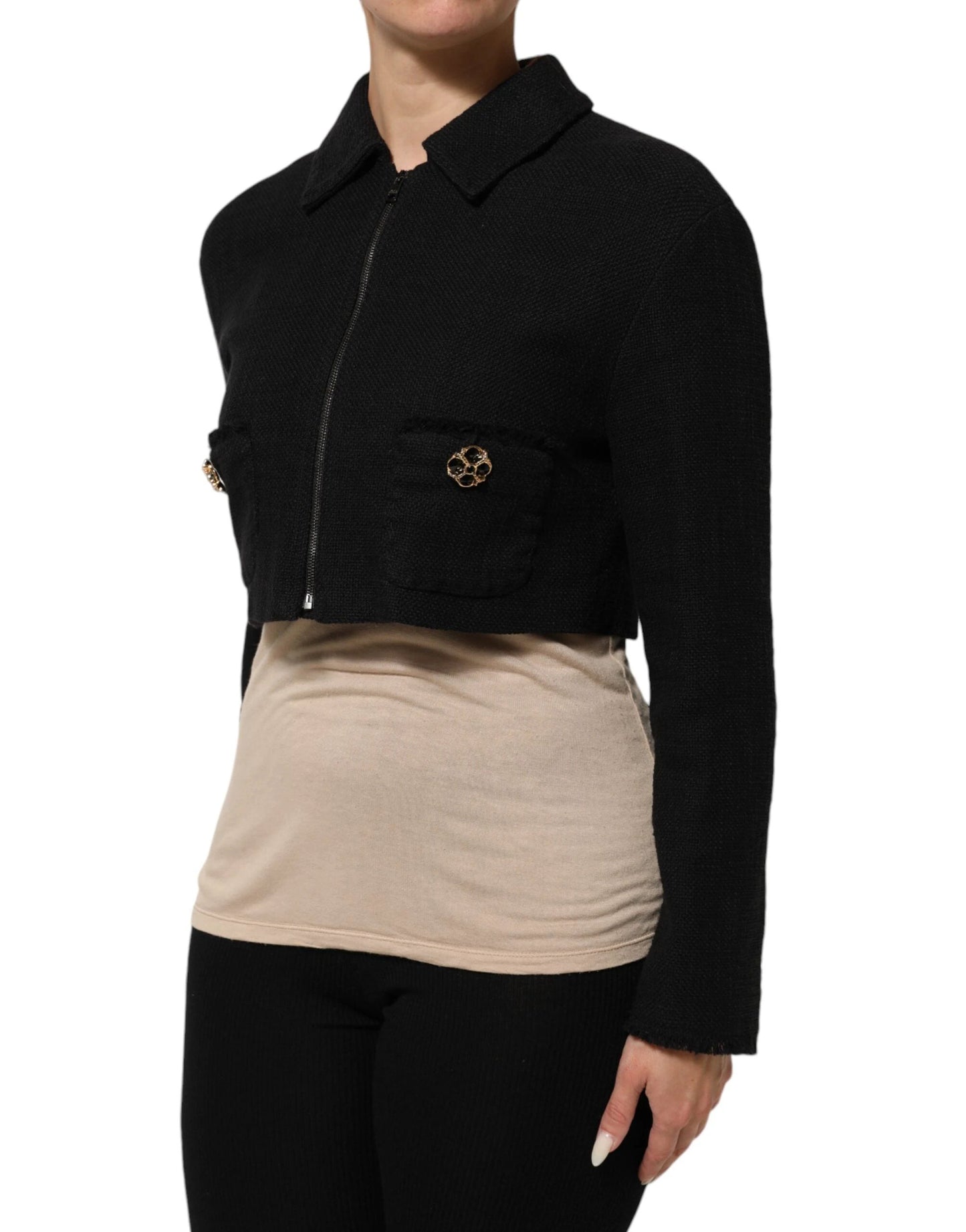 Dolce & Gabbana Black Cotton Full Zip Cropped Coat Jacket by Dolce & Gabbana