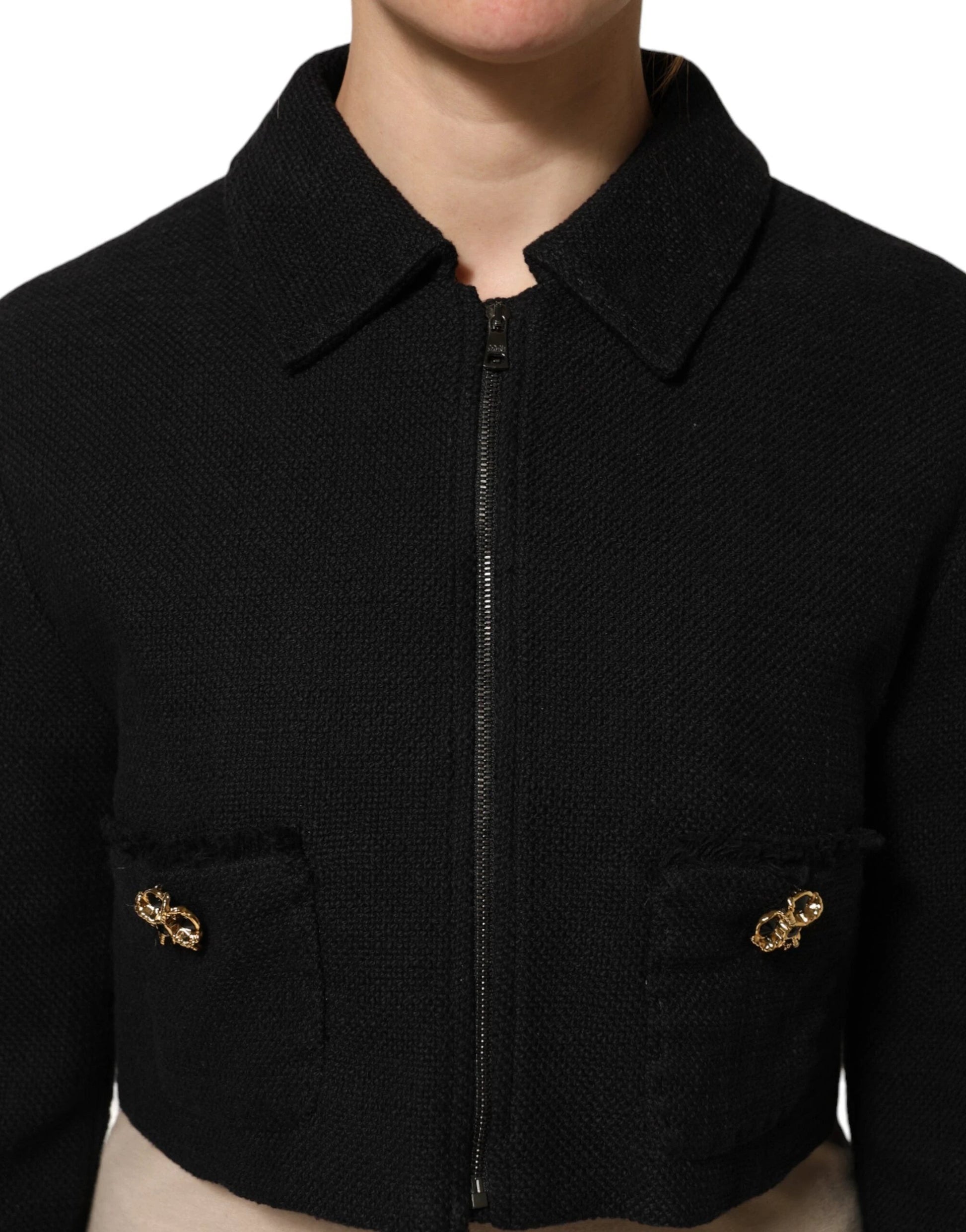 Dolce & Gabbana Black Cotton Full Zip Cropped Coat Jacket by Dolce & Gabbana