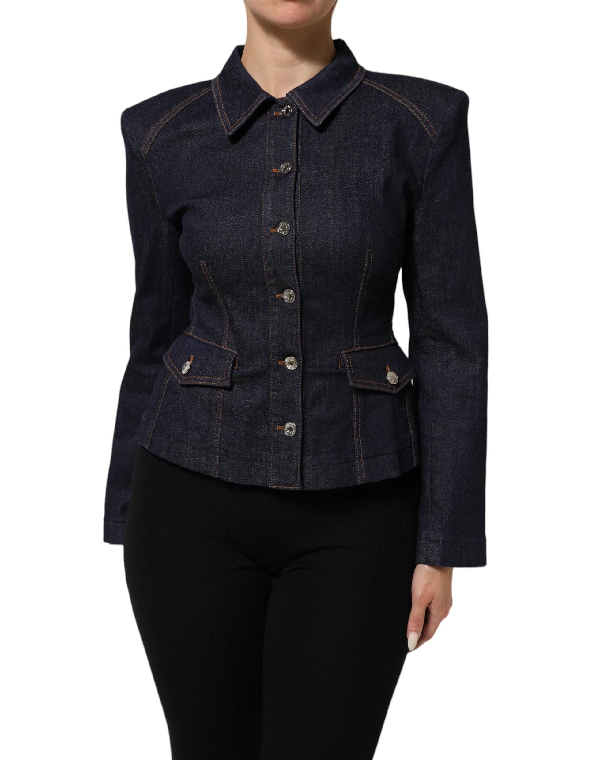 Dolce & Gabbana Dark Blue Cotton Collared Denim Coat Jacket by Dolce & Gabbana