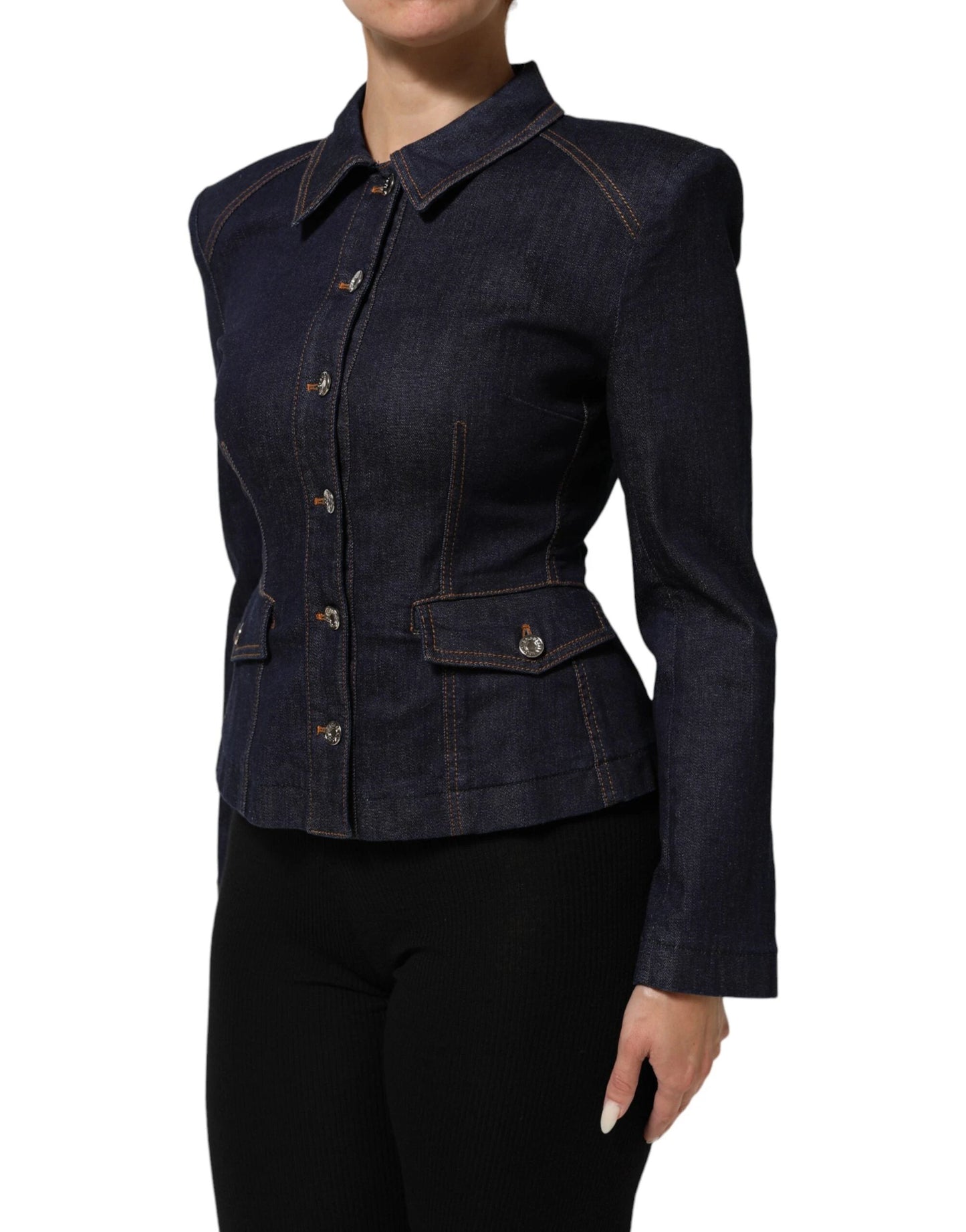 Dolce & Gabbana Dark Blue Cotton Collared Denim Coat Jacket by Dolce & Gabbana