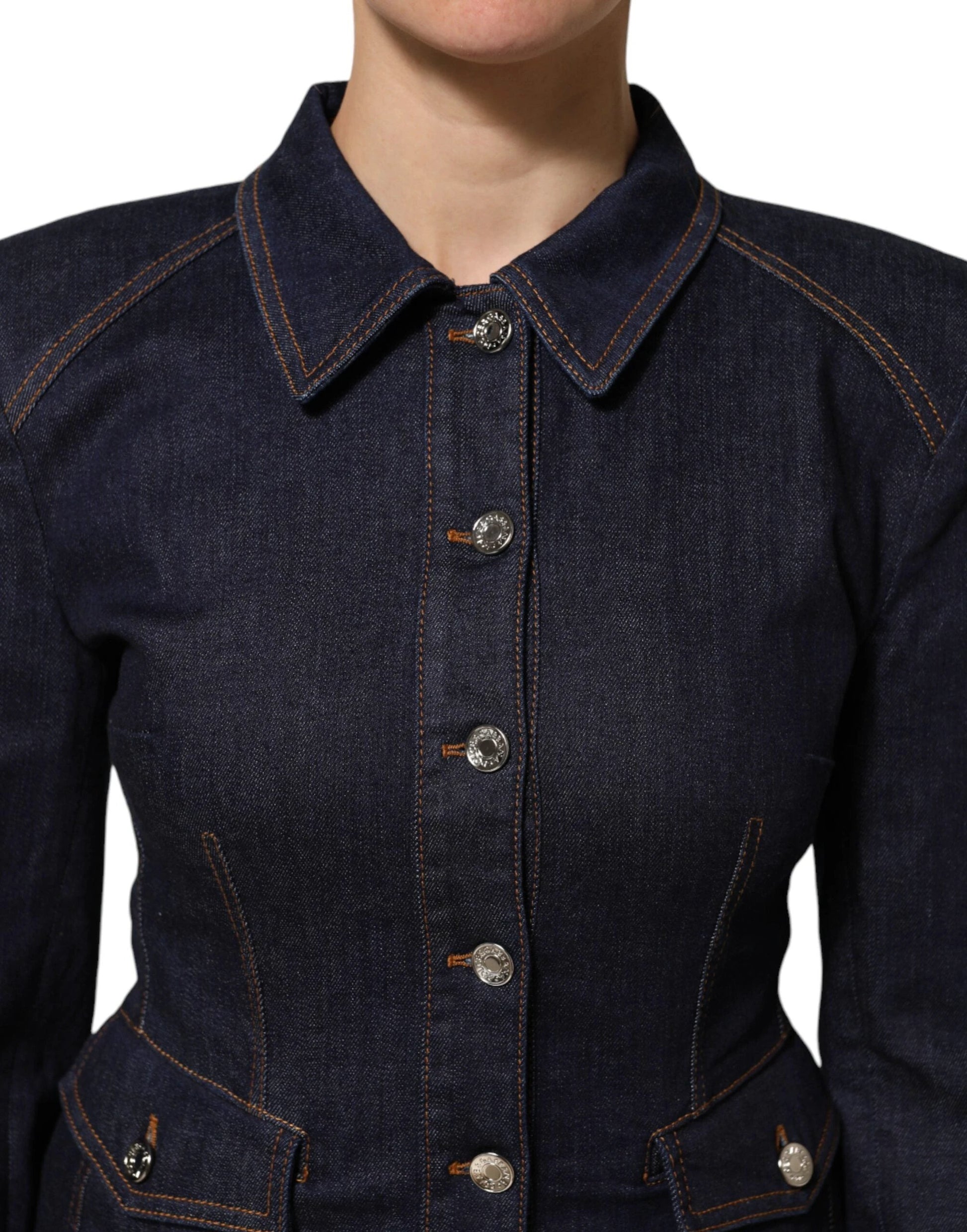 Dolce & Gabbana Dark Blue Cotton Collared Denim Coat Jacket by Dolce & Gabbana