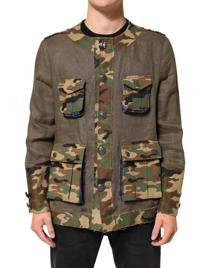 Dolce & Gabbana Brown Camouflage Linen Button Down Jacket by Dolce & Gabbana