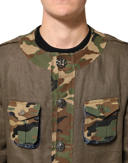Dolce & Gabbana Brown Camouflage Linen Button Down Jacket by Dolce & Gabbana
