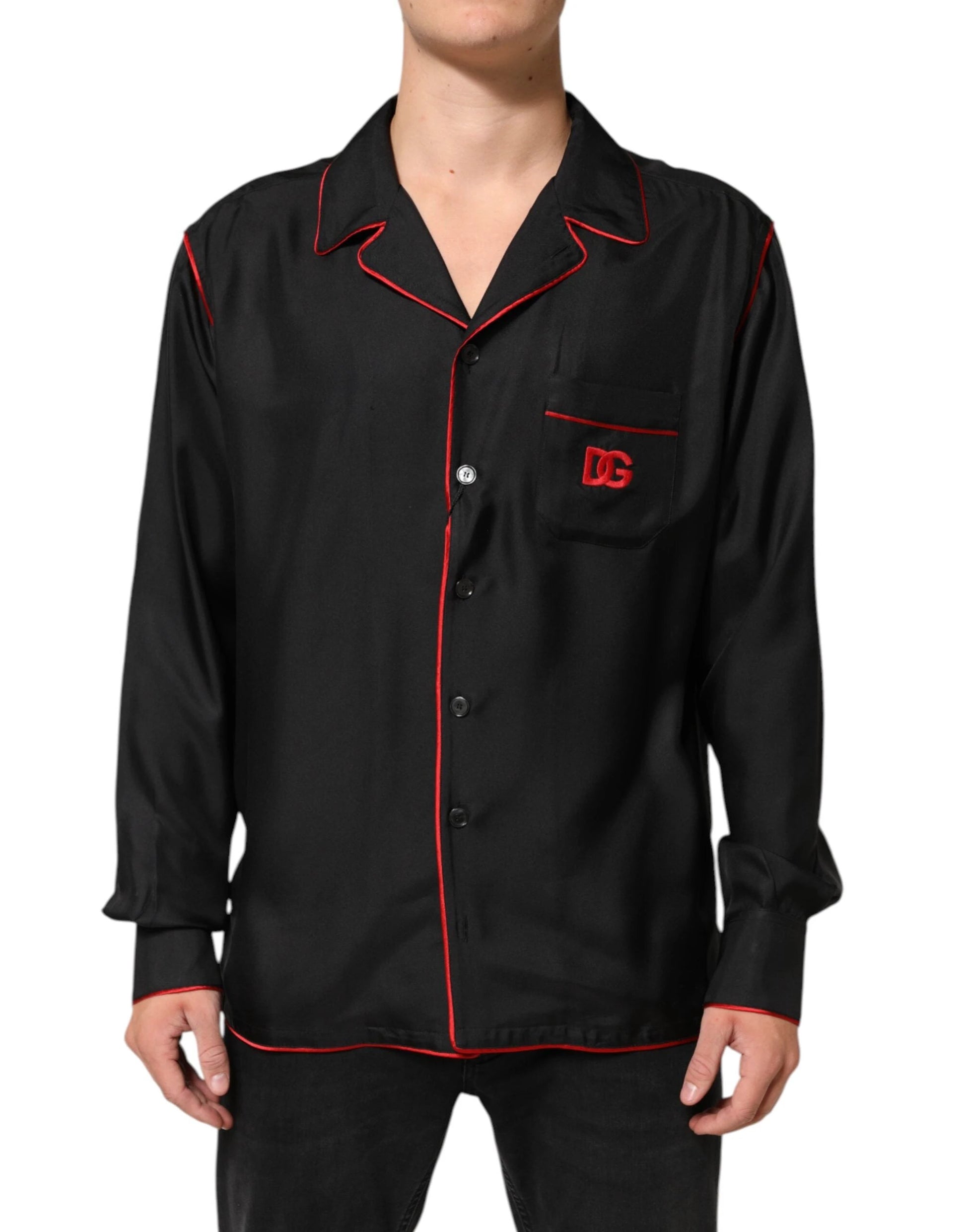 Dolce & Gabbana Black Red Contrast Trim Silk Casual Shirt by Dolce & Gabbana