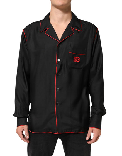 Dolce & Gabbana Black Red Contrast Trim Silk Casual Shirt by Dolce & Gabbana