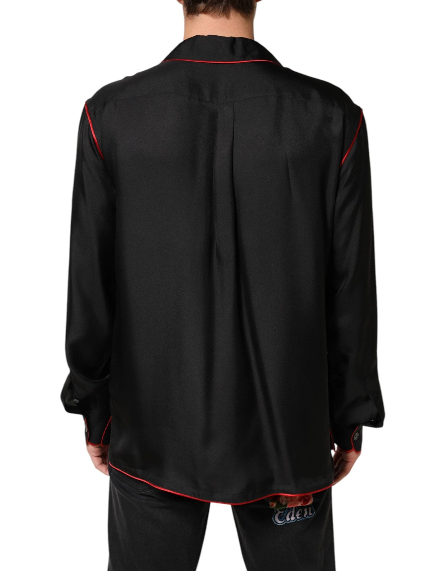 Dolce & Gabbana Black Red Contrast Trim Silk Casual Shirt by Dolce & Gabbana