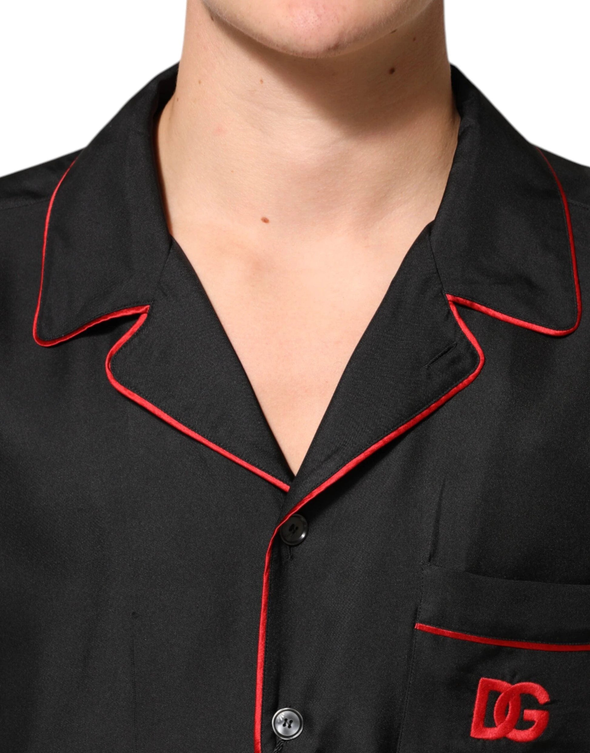Dolce & Gabbana Black Red Contrast Trim Silk Casual Shirt by Dolce & Gabbana