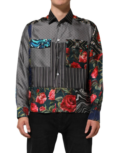 Dolce & Gabbana Multicolor Patchwork Long Sleeves Silk Shirt by Dolce & Gabbana