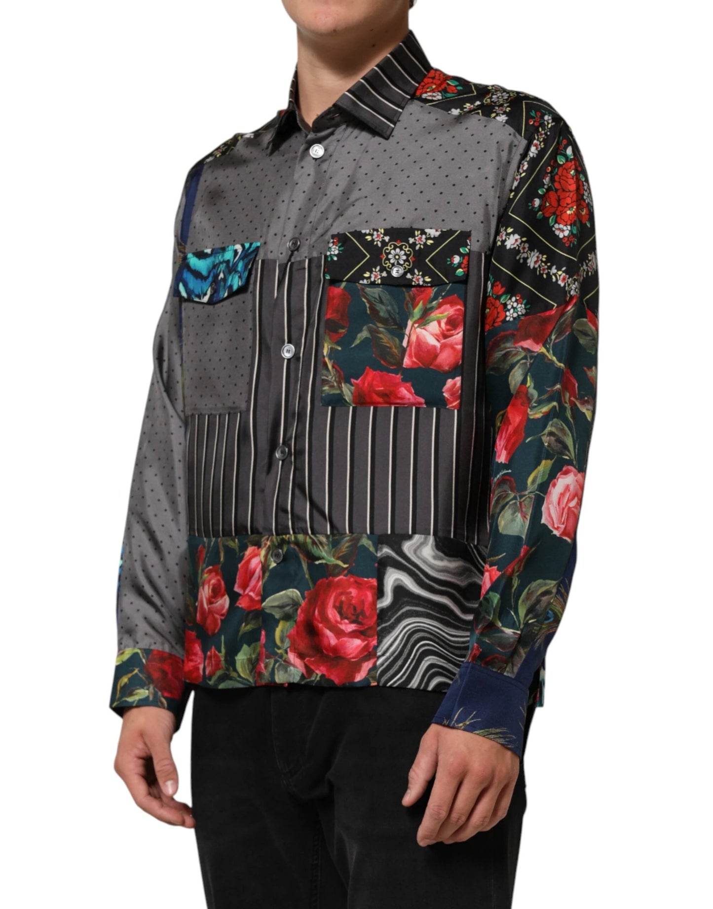 Dolce & Gabbana Multicolor Patchwork Long Sleeves Silk Shirt by Dolce & Gabbana