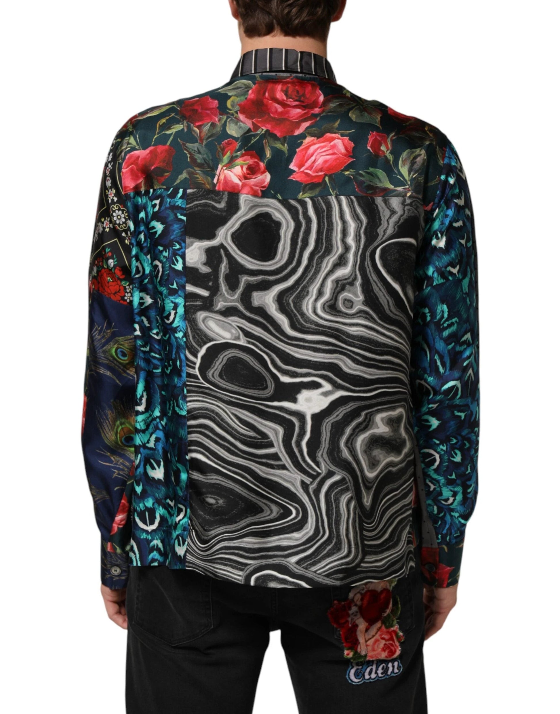 Dolce & Gabbana Multicolor Patchwork Long Sleeves Silk Shirt by Dolce & Gabbana