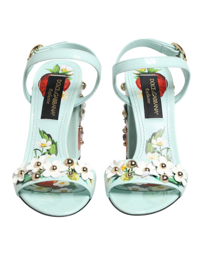 Dolce & Gabbana Mint Green Floral Studs Heels Sandals Shoes