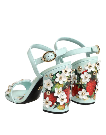 Dolce & Gabbana Mint Green Floral Studs Heels Sandals Shoes