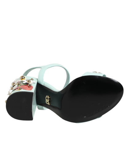 Dolce & Gabbana Mint Green Floral Studs Heels Sandals Shoes