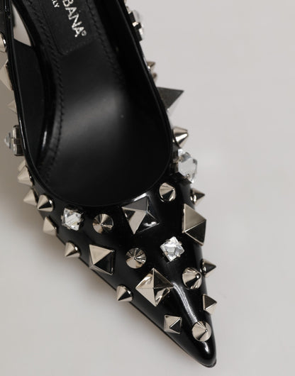 Dolce & Gabbana Black Studded Leather Heels Slingbacks Shoes