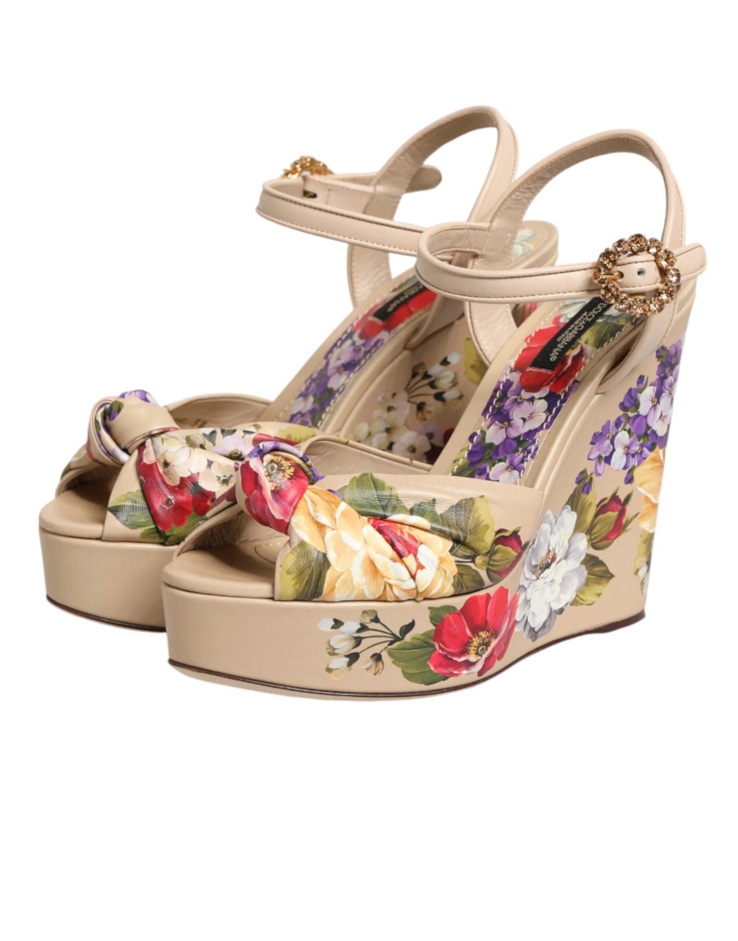 Dolce & Gabbana Beige Floral Ankle Strap Wedge Sandals Shoes by Dolce & Gabbana