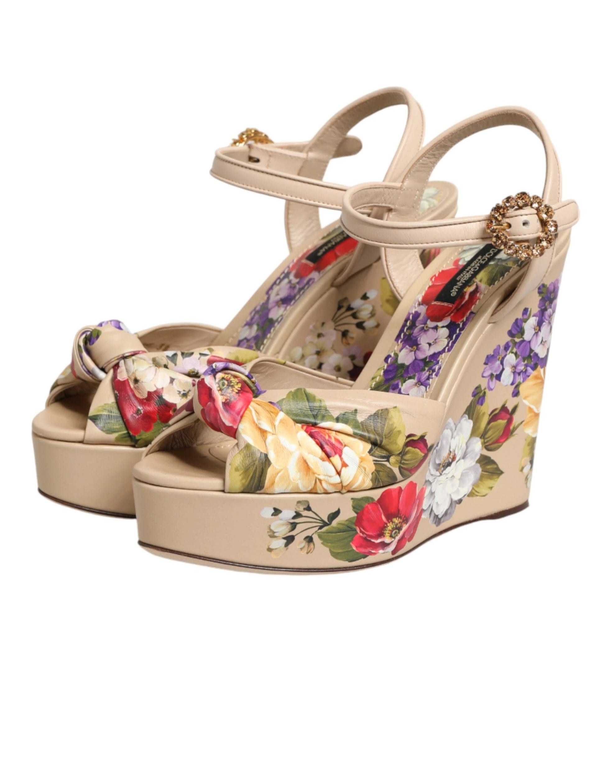Dolce & Gabbana Beige Floral Ankle Strap Wedge Sandals Shoes by Dolce & Gabbana