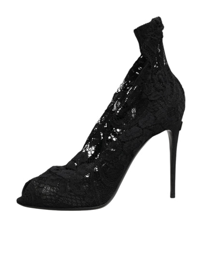 Dolce & Gabbana Black Stretch Taormina Lace Boots Shoes by Dolce & Gabbana
