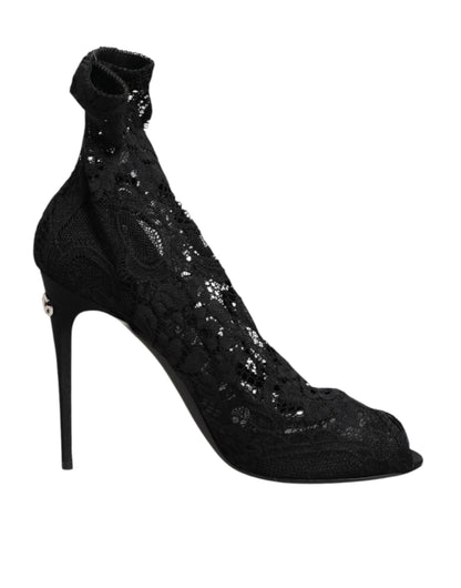 Dolce & Gabbana Black Stretch Taormina Lace Boots Shoes by Dolce & Gabbana