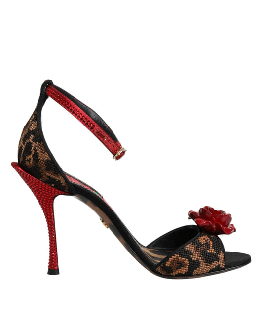 Dolce & Gabbana Brown Leopard Crystal Roses Sandals Shoes by Dolce & Gabbana