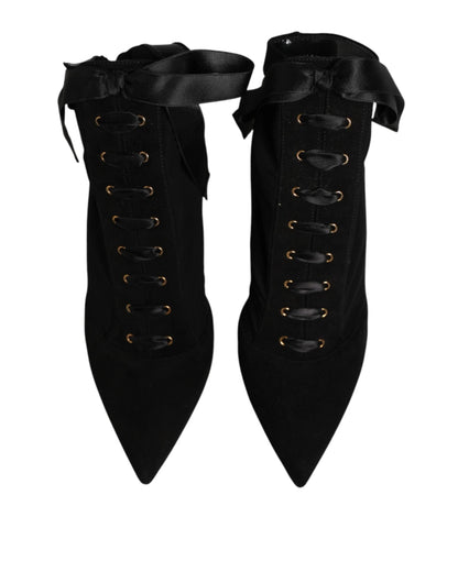 Dolce & Gabbana Black Stiletto Heels Lace Up Boots Shoes