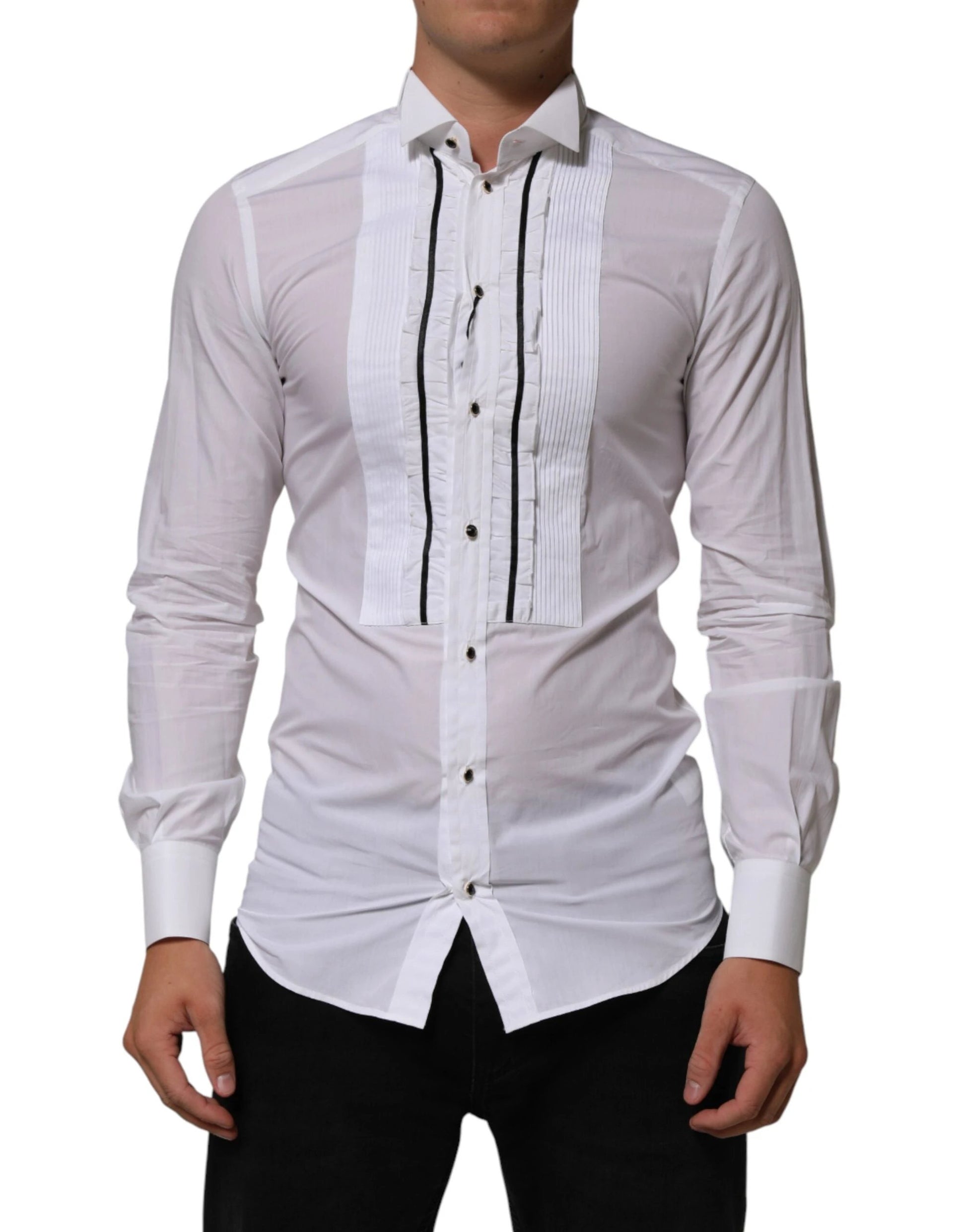 Dolce & Gabbana White Cotton Collared Long Sleeve GOLD Dress Shirt by Dolce & Gabbana