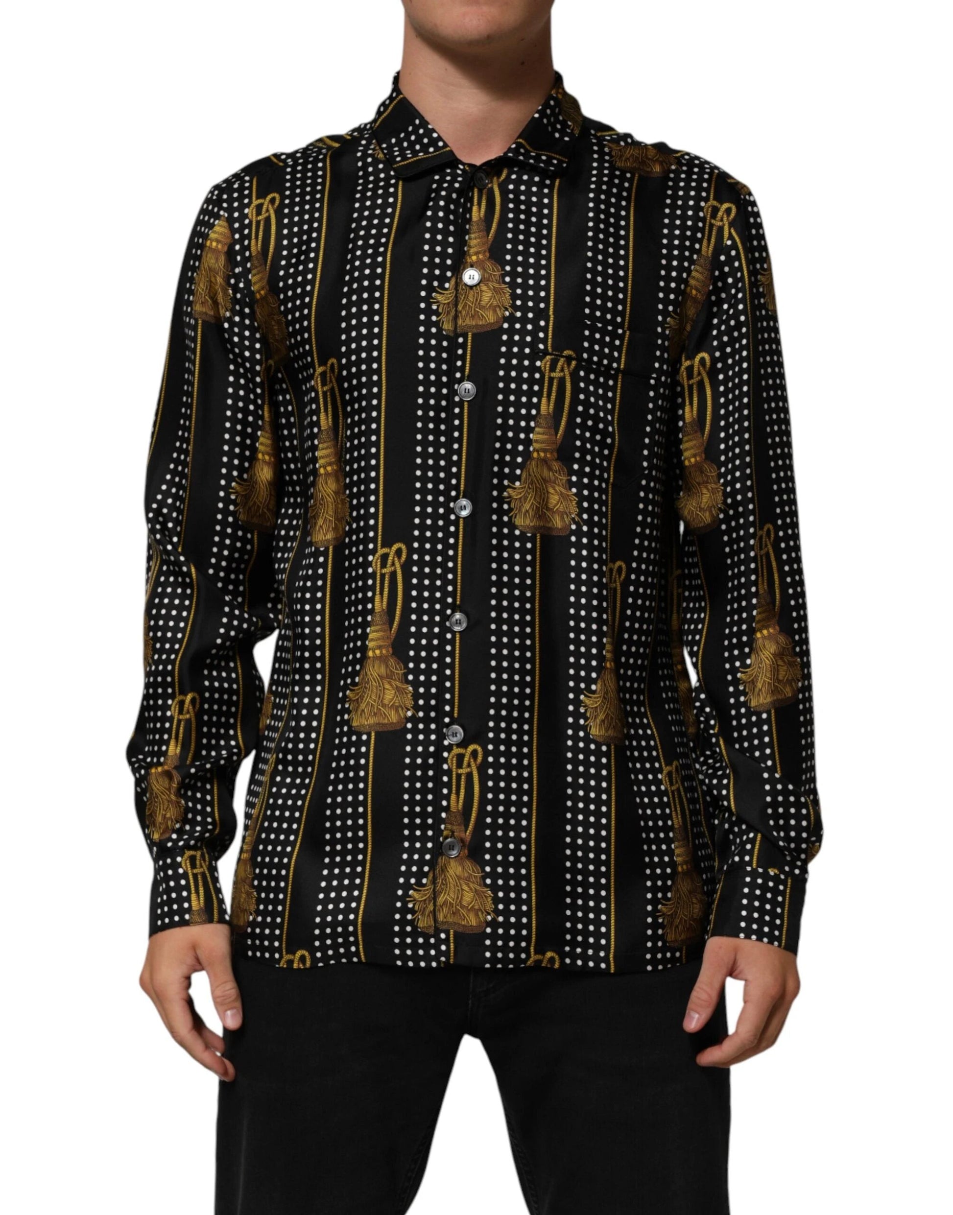 Dolce & Gabbana Black Dotted Tassel Silk Button Down Shirt by Dolce & Gabbana