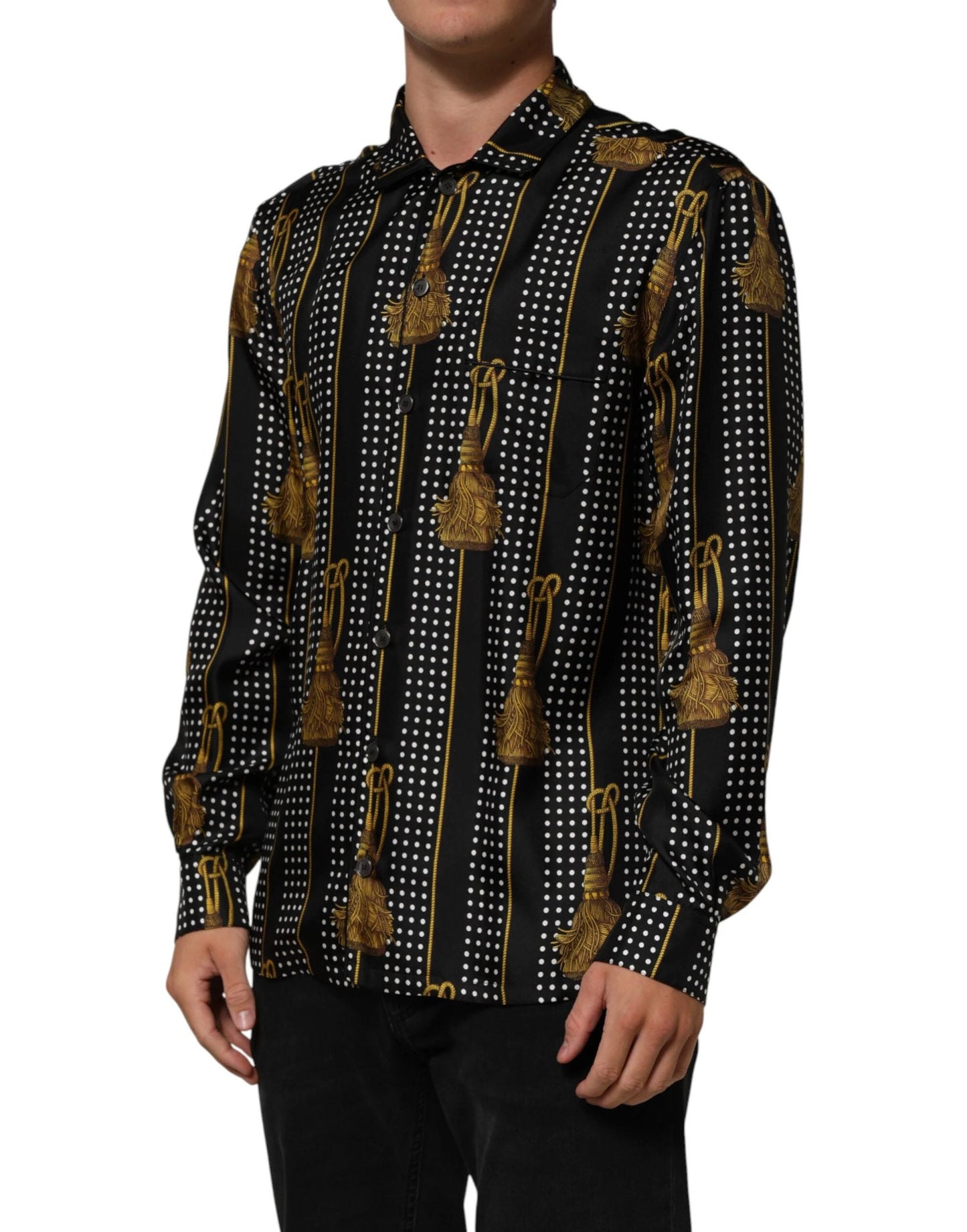 Dolce & Gabbana Black Dotted Tassel Silk Button Down Shirt by Dolce & Gabbana