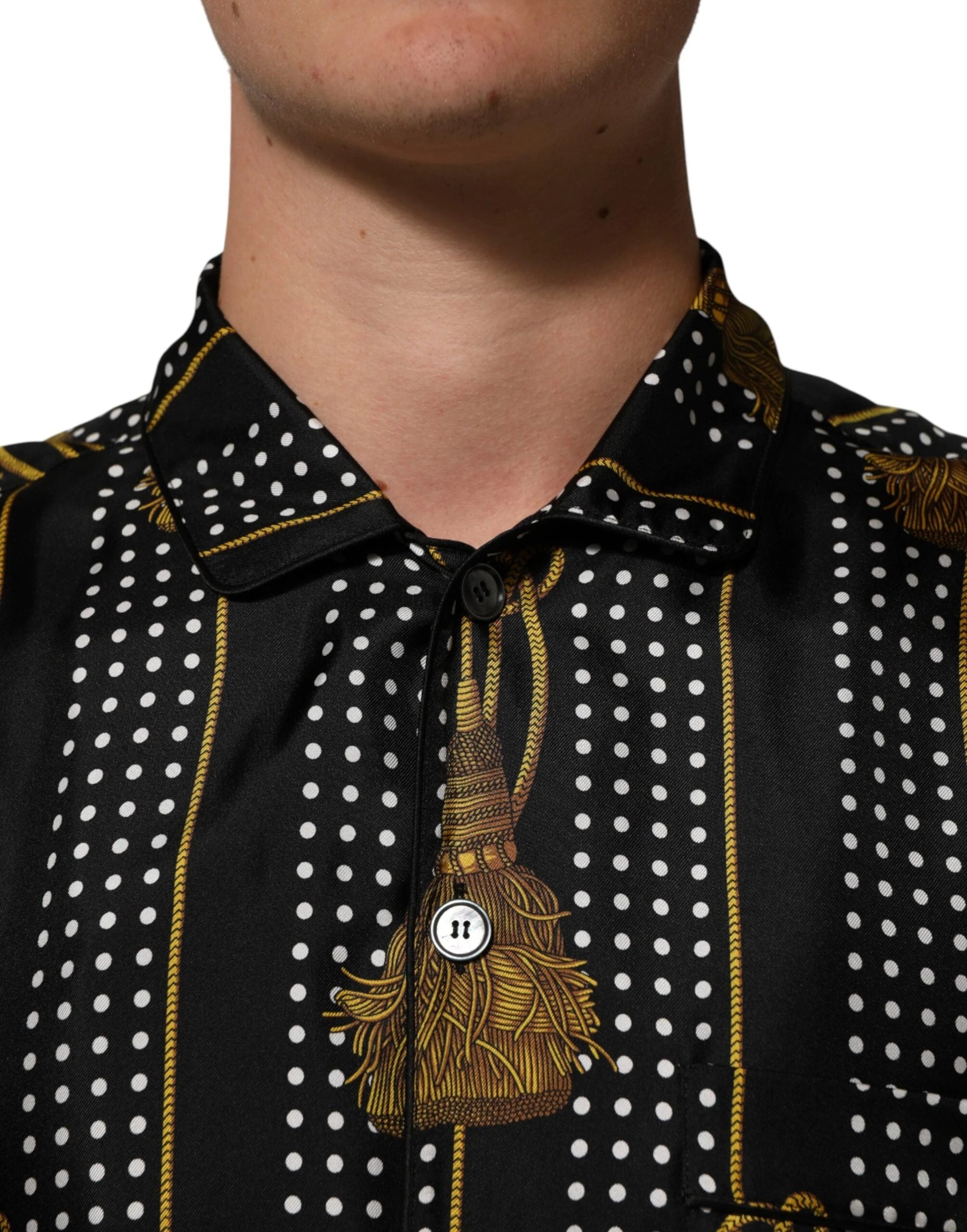 Dolce & Gabbana Black Dotted Tassel Silk Button Down Shirt by Dolce & Gabbana