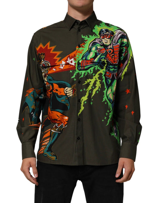Dolce & Gabbana Brown Superhero Print Button Down Shirt by Dolce & Gabbana
