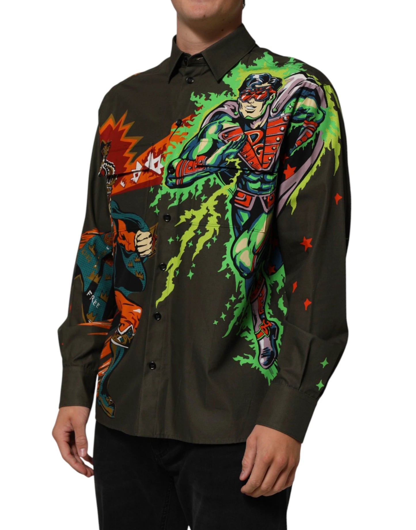 Dolce & Gabbana Brown Superhero Print Button Down Shirt by Dolce & Gabbana
