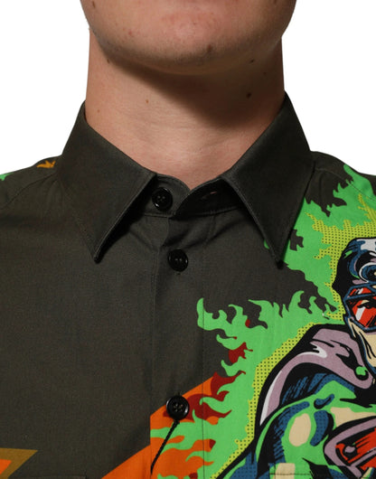 Dolce & Gabbana Brown Superhero Print Button Down Shirt by Dolce & Gabbana