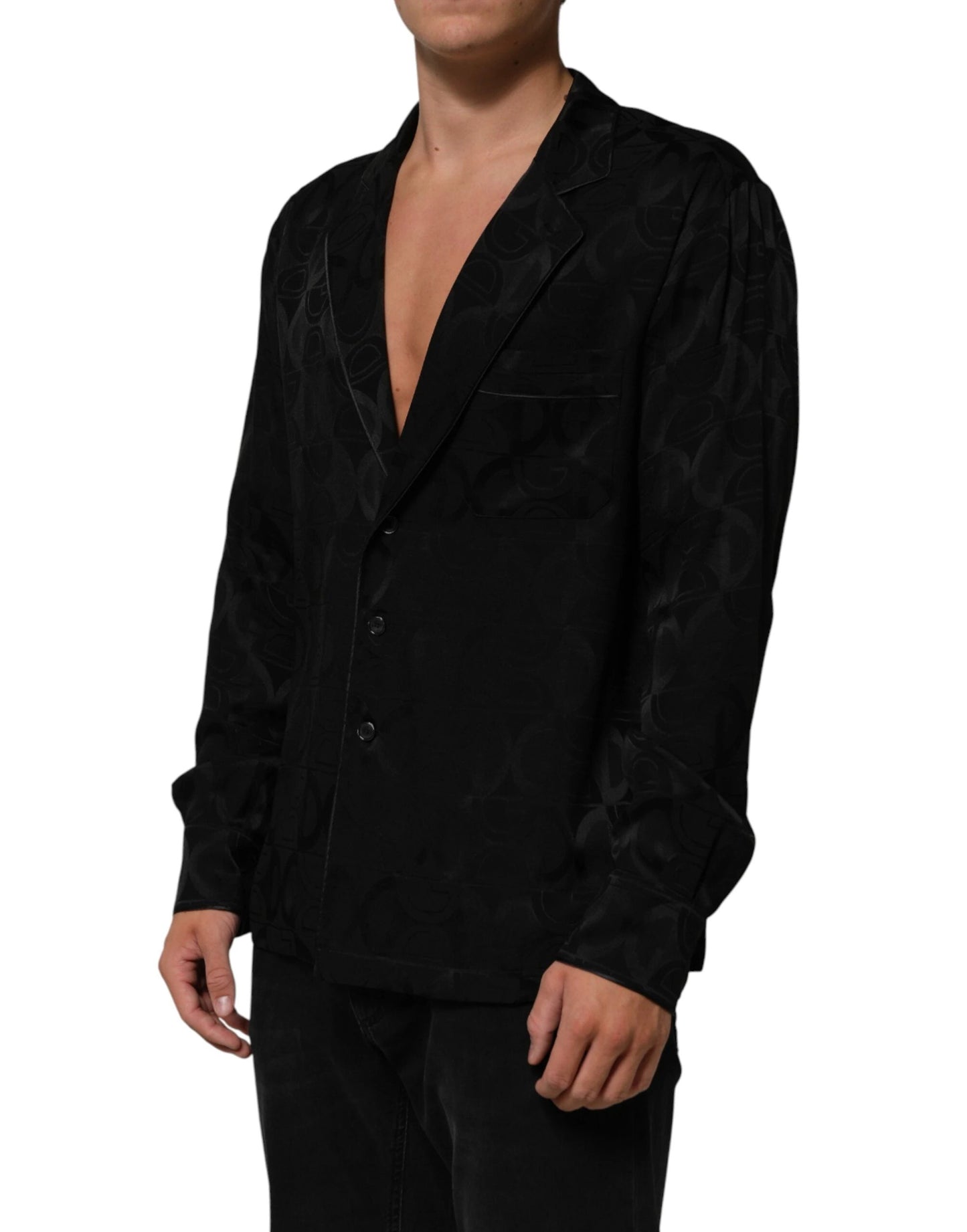 Dolce & Gabbana Black DG Logo Silk Men Long Sleeves Shirt by Dolce & Gabbana