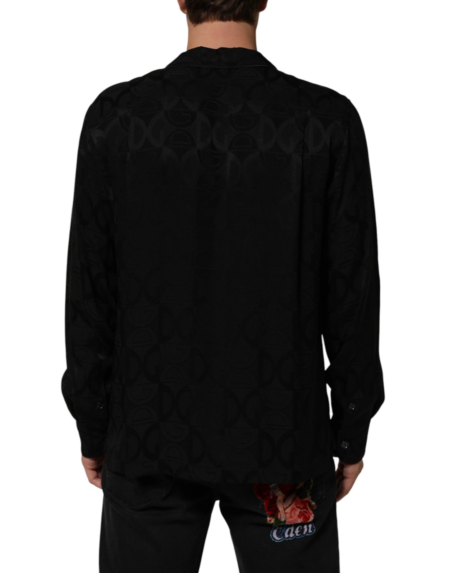 Dolce & Gabbana Black DG Logo Silk Men Long Sleeves Shirt by Dolce & Gabbana