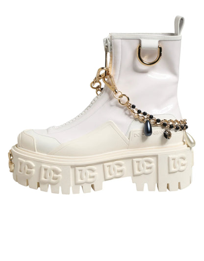 Dolce & Gabbana White Leather Rubber Logo Ankle Boots Shoes