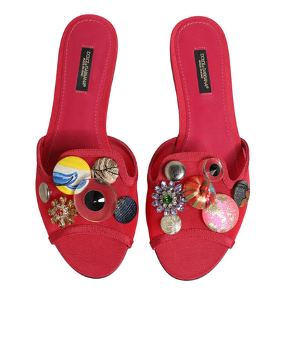 Dolce & Gabbana Red Embellished Flats Slip On Sandals Shoes by Dolce & Gabbana