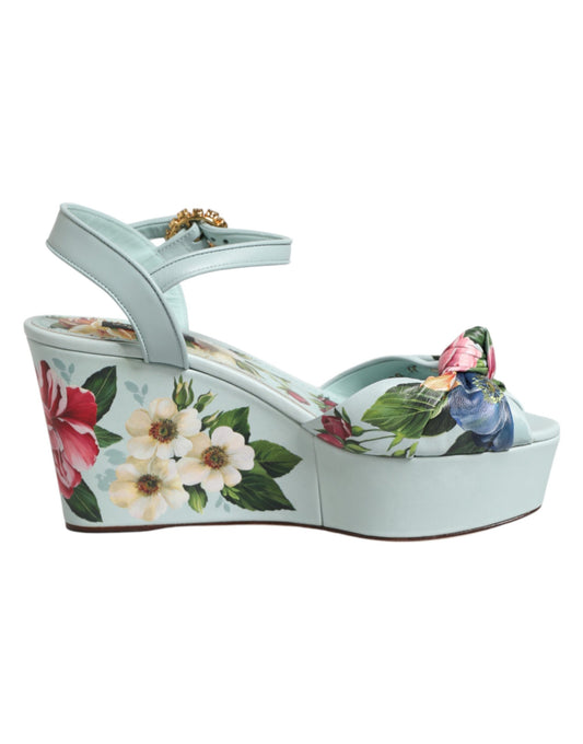 Sandales compensées Dolce & Gabbana à bride de cheville en cuir de veau vert à motif floral – LA13002