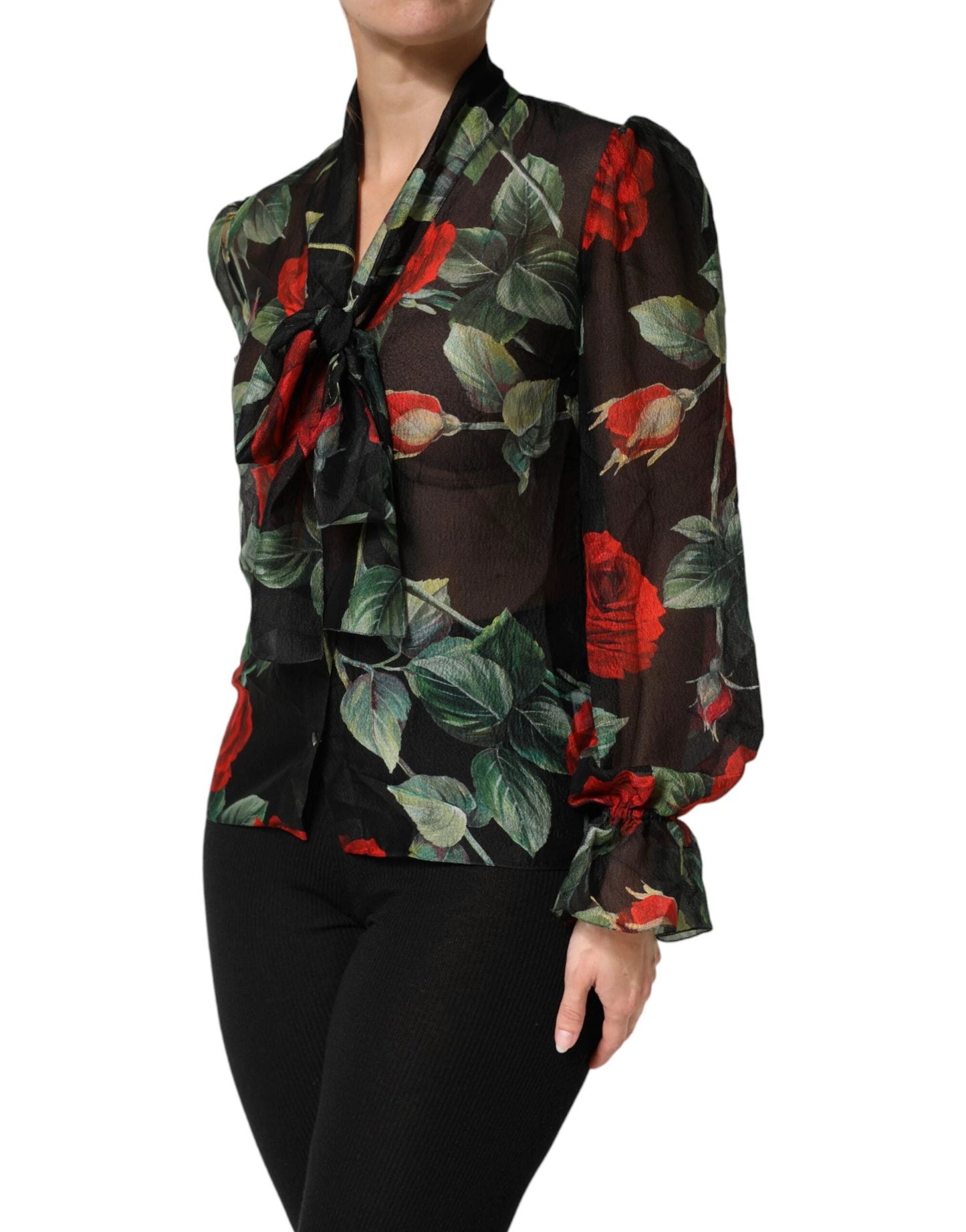 Dolce & Gabbana Black Floral Long Sleeves Silk Blouse Top by Dolce & Gabbana