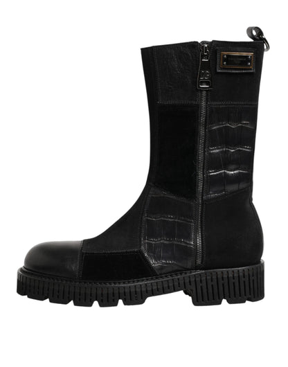 Dolce & Gabbana Black Patchwork Leather Mid Calf Boot  Shoes