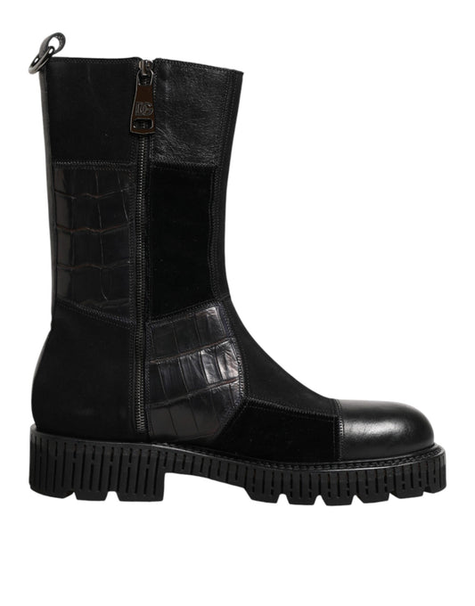 Bottes mi-mollet Dolce & Gabbana patchwork en cuir noir – MV8151