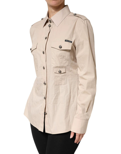 Dolce & Gabbana Beige Collared Long Sleeve Cotton Shirt Top by Dolce & Gabbana