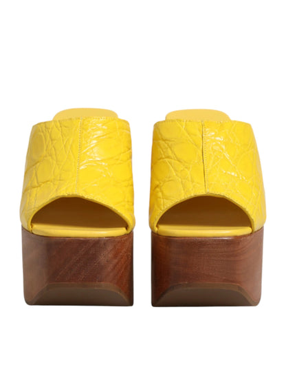 Dolce & Gabbana Yellow Leather Wood Mule Wedge Slides Shoes by Dolce & Gabbana