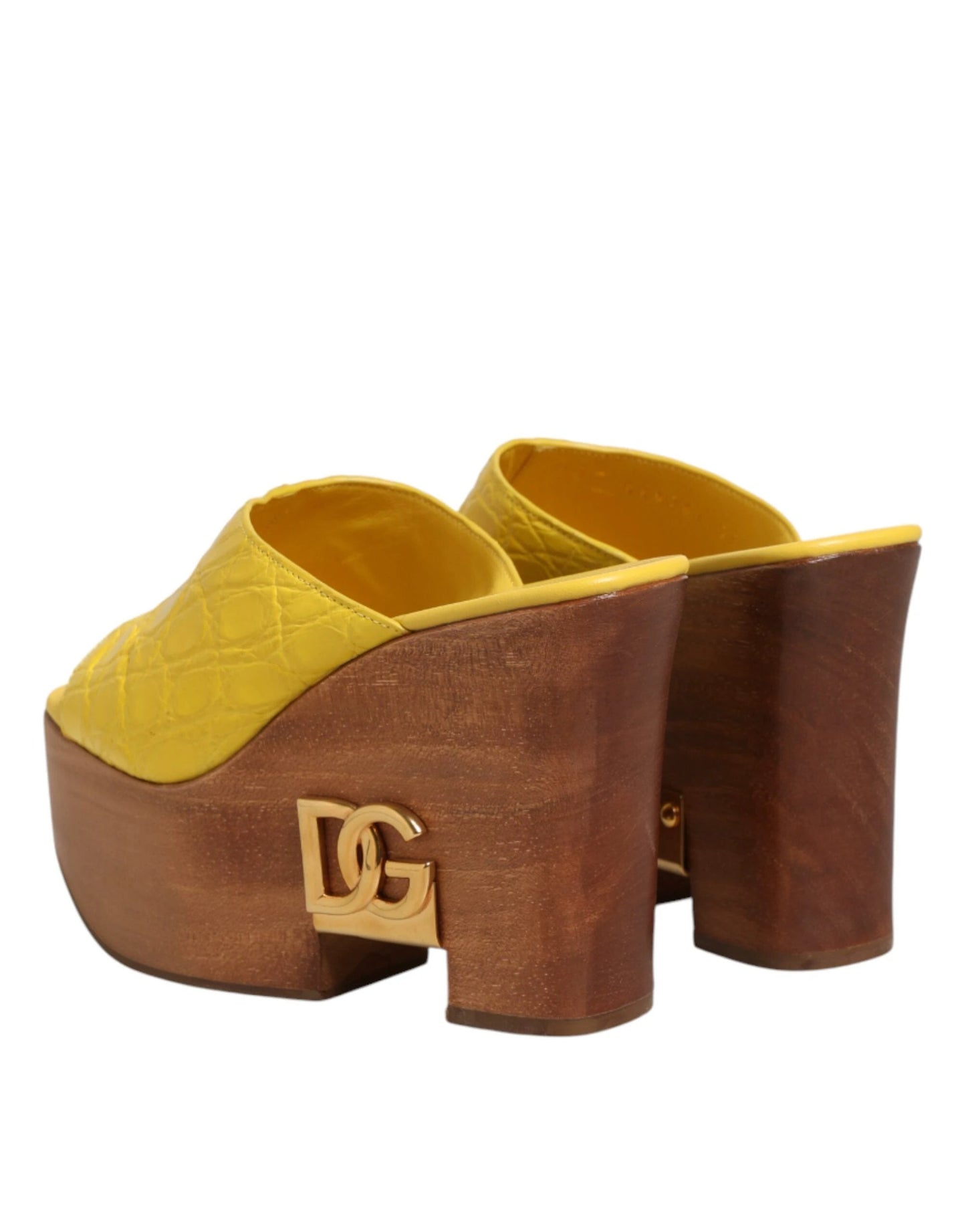 Dolce & Gabbana Yellow Leather Wood Mule Wedge Slides Shoes by Dolce & Gabbana